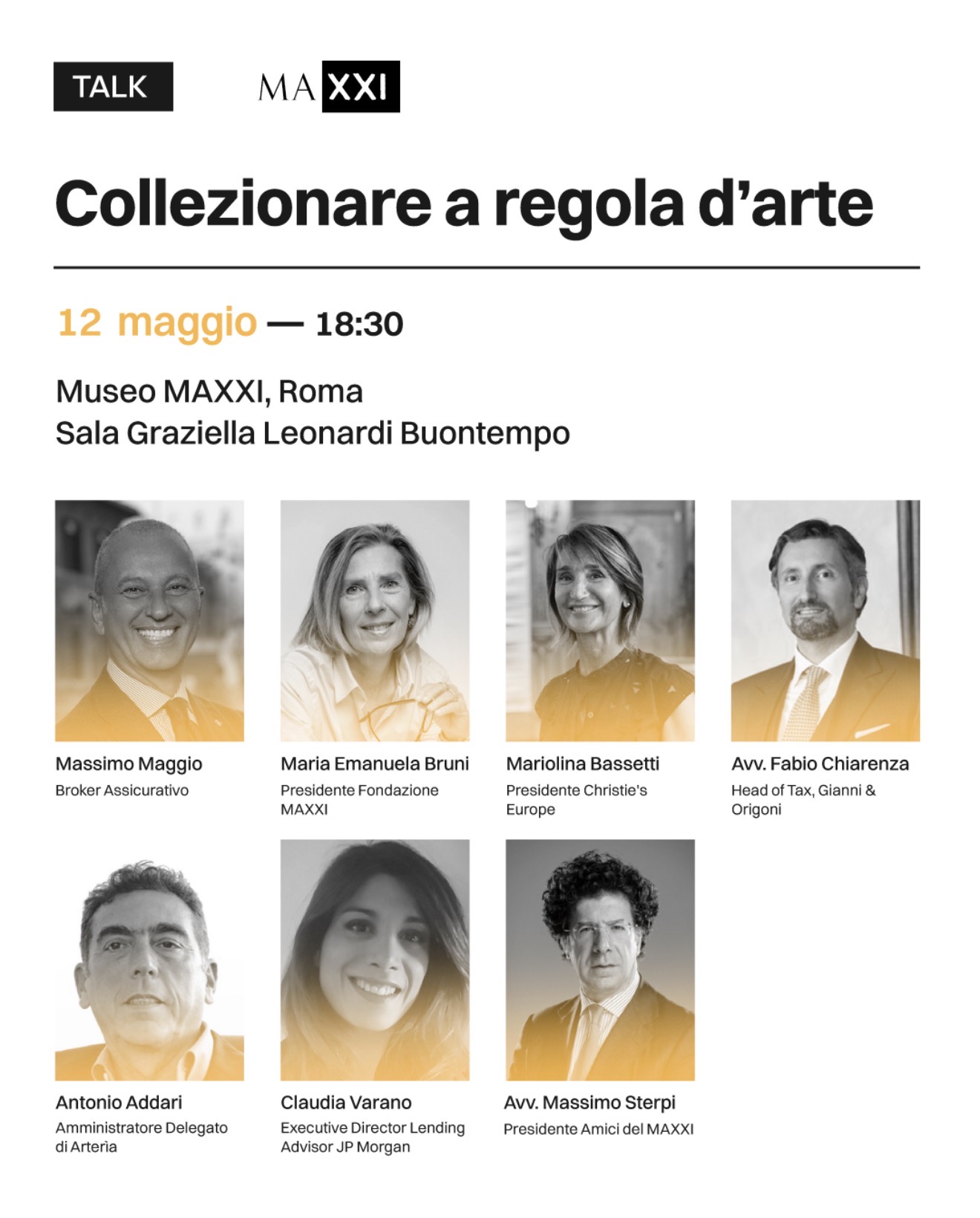 Locandina del talk Collezionare a regola d’arte al MAXXI, con Massimo Maggio tra i relatori